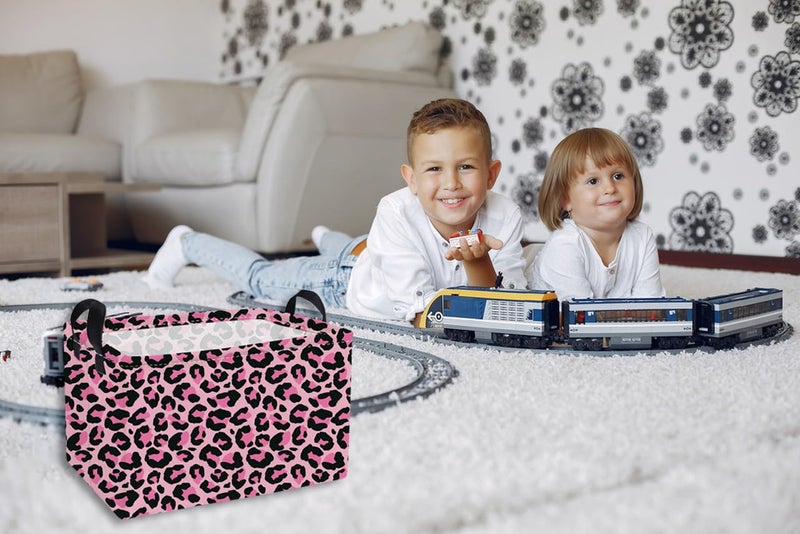 Essme Rectangular Kids Baskets,Pink Storage Basket with Handles for Girls Room Decor, Leopard Print Box,Cute Storage Bin(Pink leopard print) - Image 4